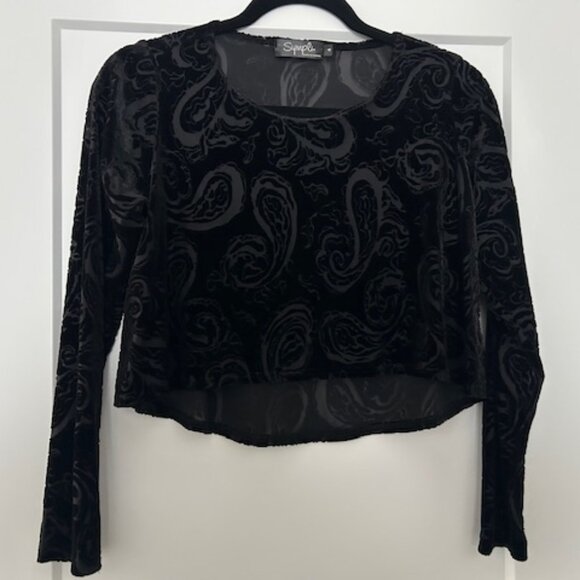 Sympli black cut velvet long sleeve crop top size 6 - Picture 1 of 5